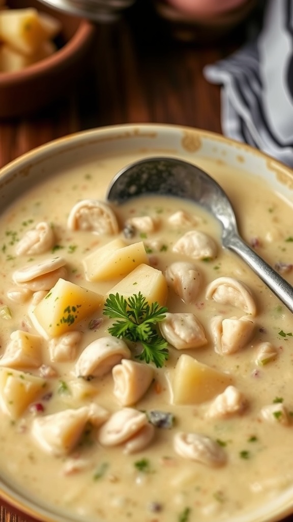 A bowl of clam chowder with clams and potatoes, garnished with parsley on a wooden table.